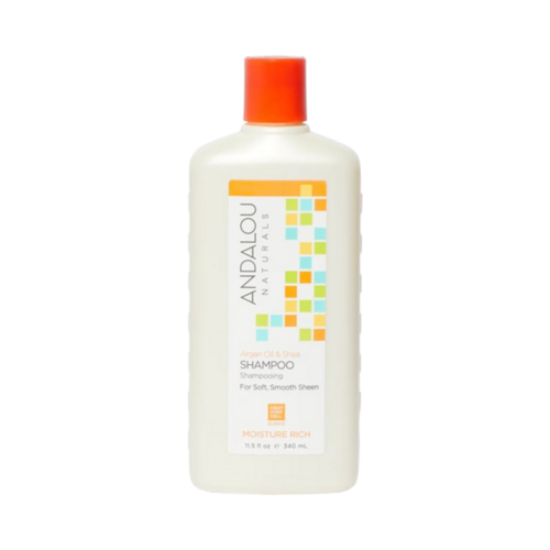 Andalou Naturals Argan Oil and Shea Moisture Rich Shampoo on white background