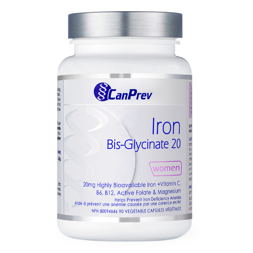 CanPrev Iron Bis-Glycinate 20, 90 capsules CanPrev Iron Bis-Glycinate 20 on white background