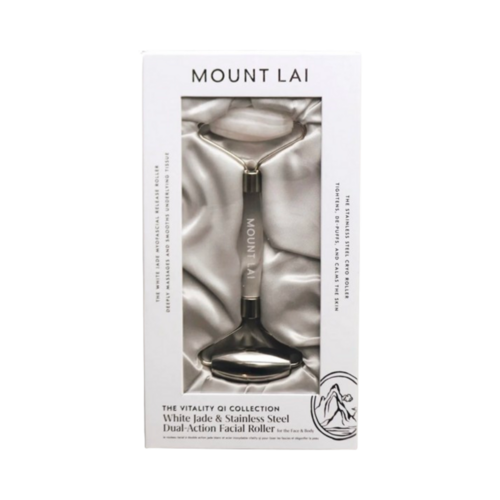 Mount Lai The Vitality Qi White Jade and Stainless Steel Dual Action Facial Roller, 1 piece Mount Lai The Vitality Qi White Jade and Stainless Steel Dual Action Facial Roller on white background